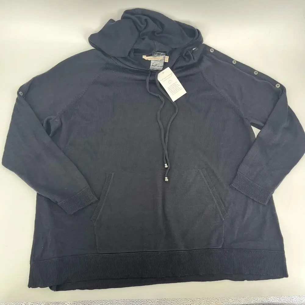 Soft Surroundings Women's 2X NWT Black Hooded‎ Button Sleeve Wool Blend Sweater